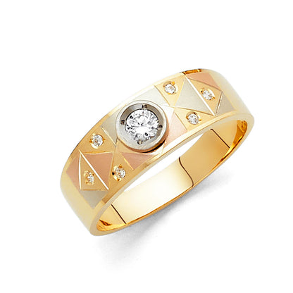 14K Tri-Color Gold Diamond-Cut CZ Men's Wedding Comfort Fit Band Ring