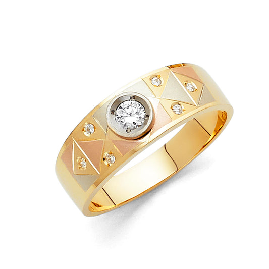 14K Tri-Color Gold Diamond-Cut CZ Men's Wedding Comfort Fit Band Ring