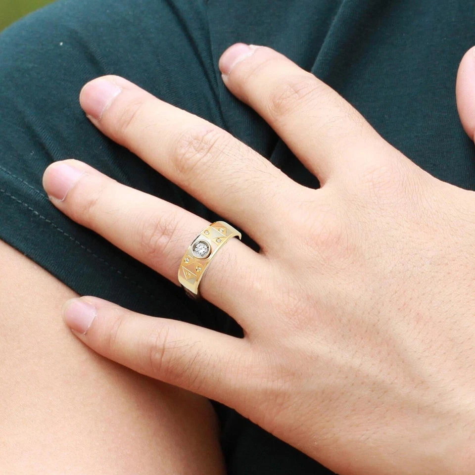 14K Tri-Color Gold Diamond-Cut CZ Men's Wedding Comfort Fit Band Ring