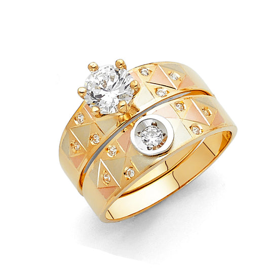 14K Tri-Color Gold Diamond-Cut Cubic Zirconia Wedding Band Ring for Women