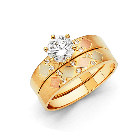 14K Tri-Color Gold Diamond-Cut Cubic Zirconia Bridal Promise Engagement Ring