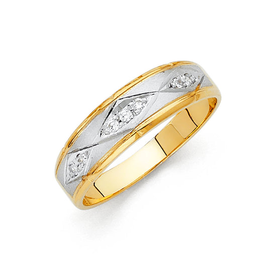 14K Solid Two-Tone Gold Cubic Zirconia Comfort Fit Men's Wedding Band Ring
