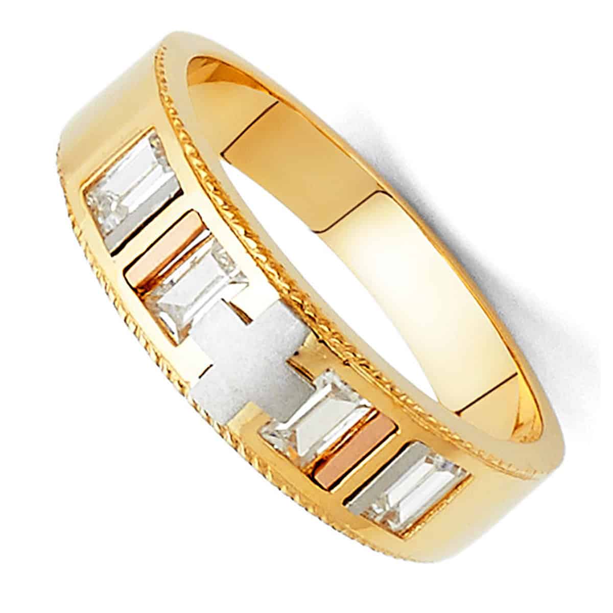 Gold ring with baguette cut gemstones on a white background availabe on TX.ORO website