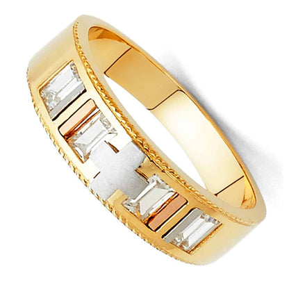 Gold ring with baguette cut gemstones on a white background availabe on TX.ORO website
