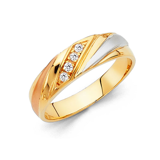 14K Tri-Color Gold Men's Cubic Zirconia Wedding Band Ring – Yellow, White & Rose Gold