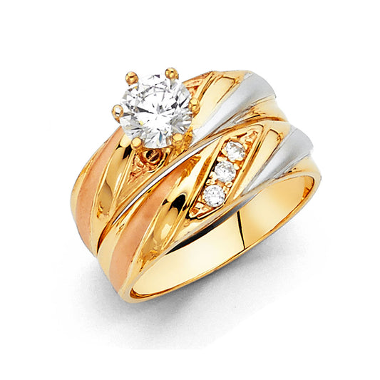 14K Tri-Color Gold Ladies Cubic Zirconia Wedding Band Ring