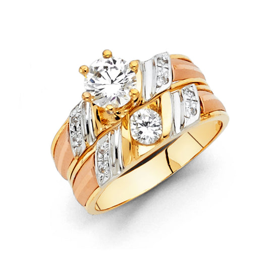 14K Solid Tri-Color Gold Cubic Zirconia Proposal & Bridal Engagement Ring