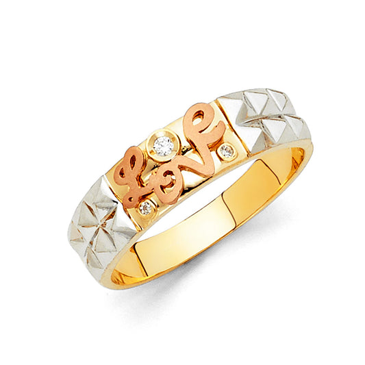 Gold and silver ring with 'love' engraving on a white background availabe on TX.ORO website.