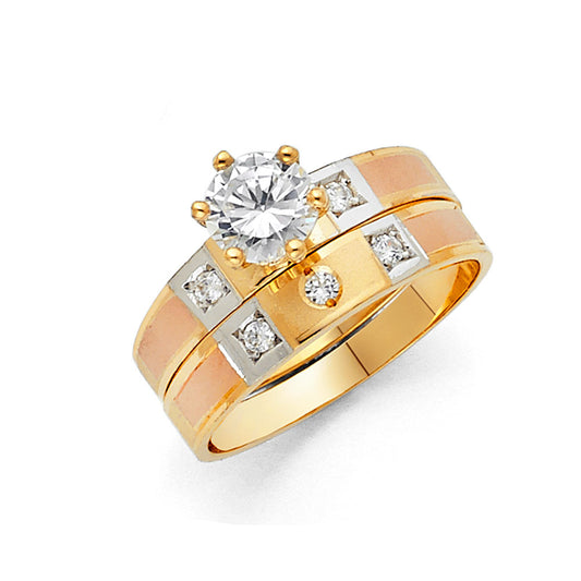 14K Tri-Color Gold Diamond-Cut Cubic Zirconia Bridal Promise Engagement Ring