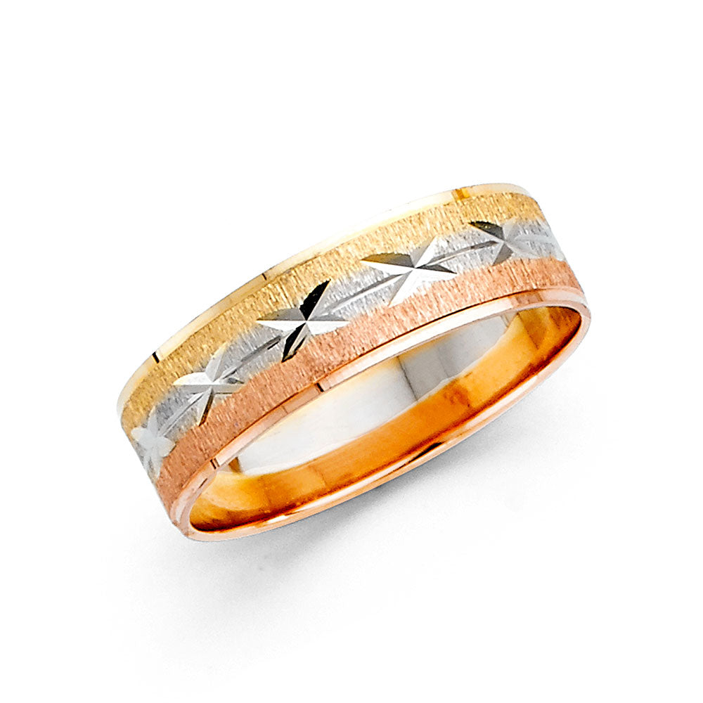 14K Tri-Color Gold 6mm Diamond-Cut Star Satin Men's Wedding Band
