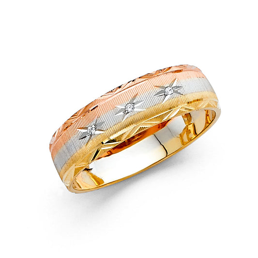 14K Tri-Color Yellow White Rose Gold 6mm Diamond-Cut Wedding Band - Size 10
