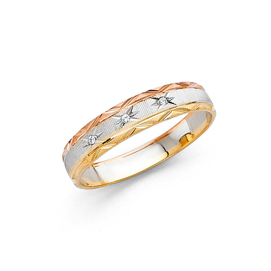 Gold and silver ring with diamond accents on a white background