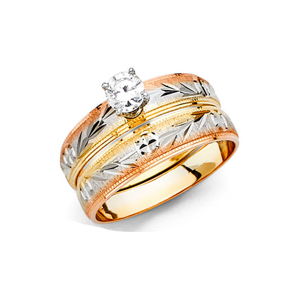 14K Tri-Color Yellow White Rose Gold Diamond-Cut Ladies Wedding Band Ring