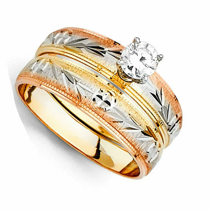 14K Tri-Color Yellow White Rose Gold Diamond-Cut Ladies Wedding Band Ring