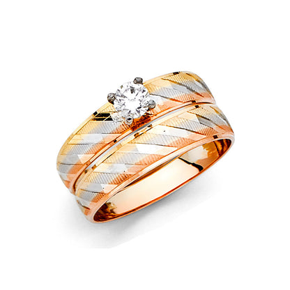 14K Tri-Color Yellow White Rose Gold Cubic Zirconia Engagement Ring Ladies Wedding Band Set