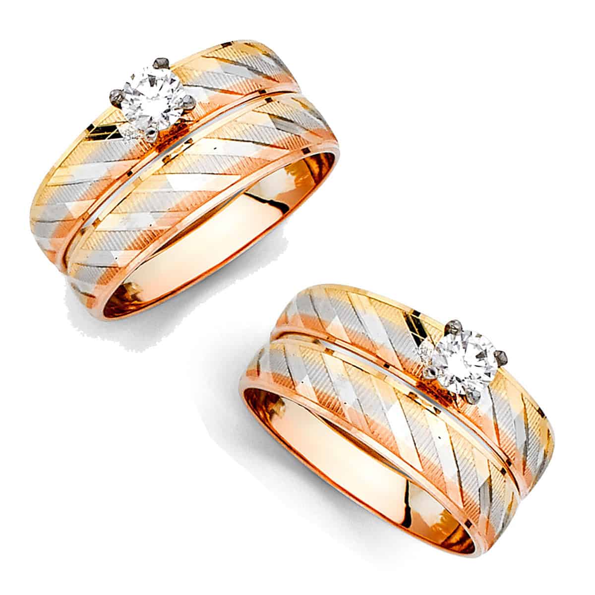 14K Tri-Color Yellow White Rose Gold Cubic Zirconia Engagement Ring Ladies Wedding Band Set