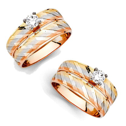 14K Tri-Color Yellow White Rose Gold Cubic Zirconia Engagement Ring Ladies Wedding Band Set