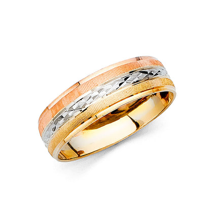 14K Tri-Color Gold 6mm Men's Wedding Band - Yellow White Rose Comfort Fit Ring