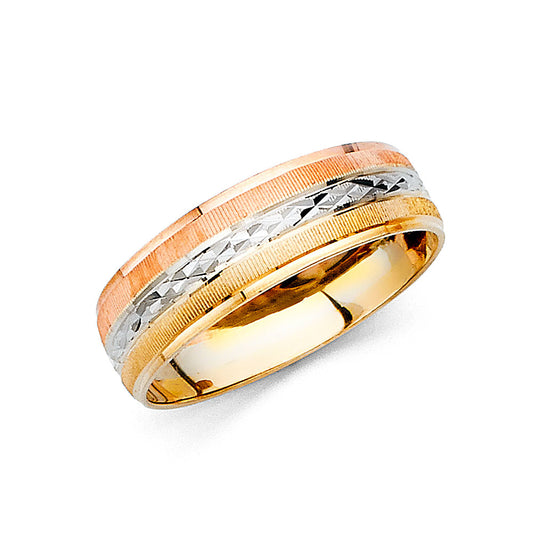 14K Tri-Color Gold 6mm Men's Wedding Band - Yellow White Rose Comfort Fit Ring