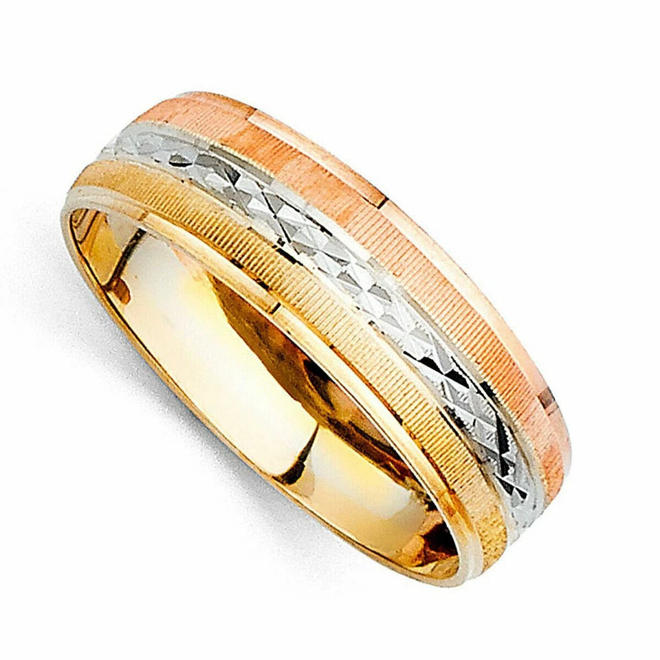 14K Tri-Color Gold 6mm Men's Wedding Band - Yellow White Rose Comfort Fit Ring