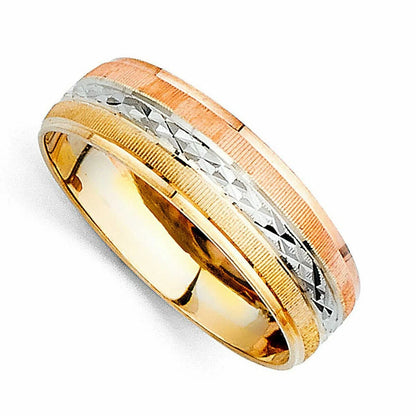 14K Tri-Color Gold 6mm Men's Wedding Band - Yellow White Rose Comfort Fit Ring