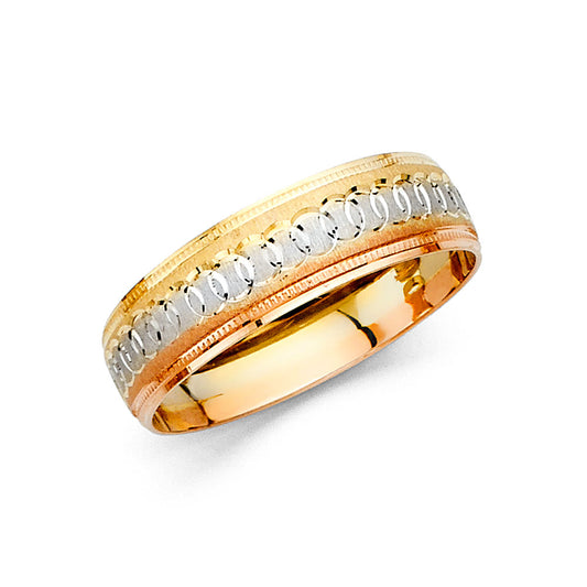 14K Tri-Color Gold 6mm Diamond-Cut Men's Wedding Band - Yellow White Rose Comfort Fit Ring
