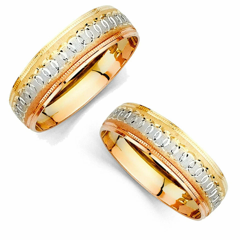14K Tri-Color Gold 6mm Diamond-Cut Men's Wedding Band - Yellow White Rose Comfort Fit Ring
