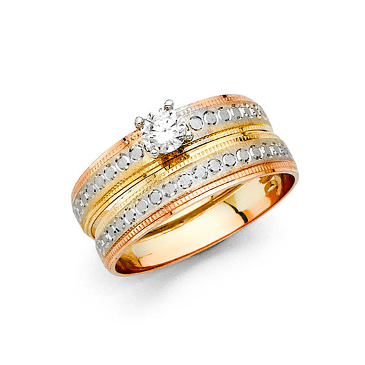 14K Tri-Color Gold CZ Women’s Engagement Ring - 4mm Diamond-Cut Band
