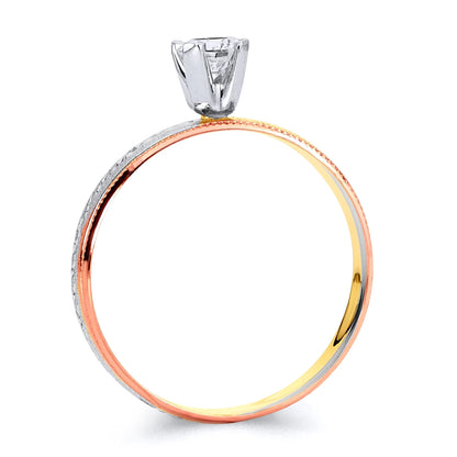 14K Tri-Color Gold CZ Women’s Engagement Ring - 4mm Diamond-Cut Band