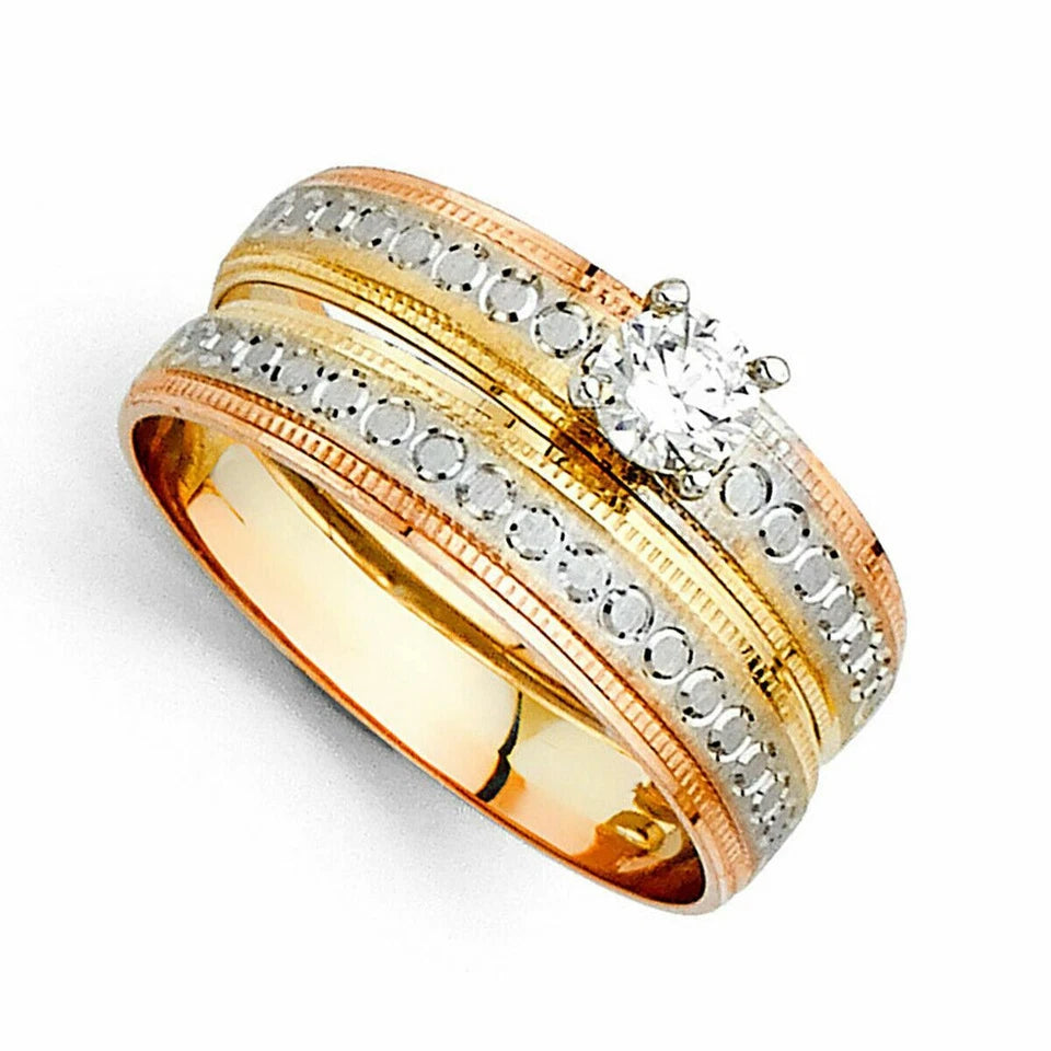 14K Tri-Color Gold CZ Women’s Engagement Ring - 4mm Diamond-Cut Band