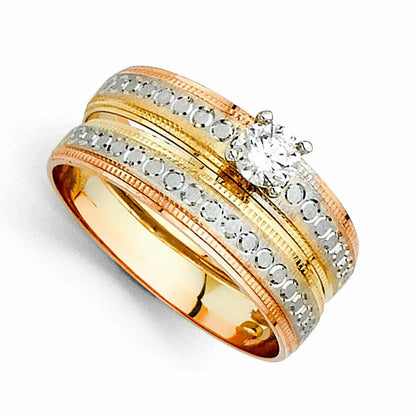 14K Tri-Color Gold CZ Women’s Engagement Ring - 4mm Diamond-Cut Band