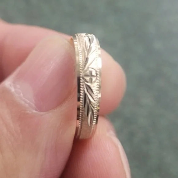 14K Yellow Gold Men’s Wedding Band - 6mm Vintage Leaf Pattern Ring