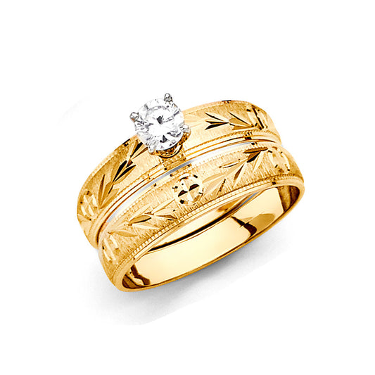 14K Yellow Gold Cubic Zirconia Vintage Leaf Pattern Women's Engagement Ring