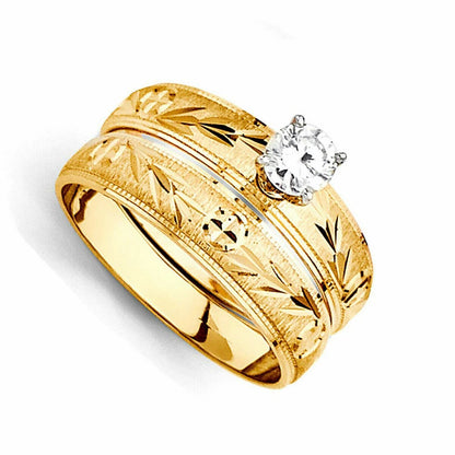 14K Yellow Gold CZ Vintage Leaf Pattern 4mm Ladies Wedding Band