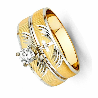 14K Two-Tone Gold Cubic Zirconia Women’s Engagement Ring Set - Designer Gold Wedding Band