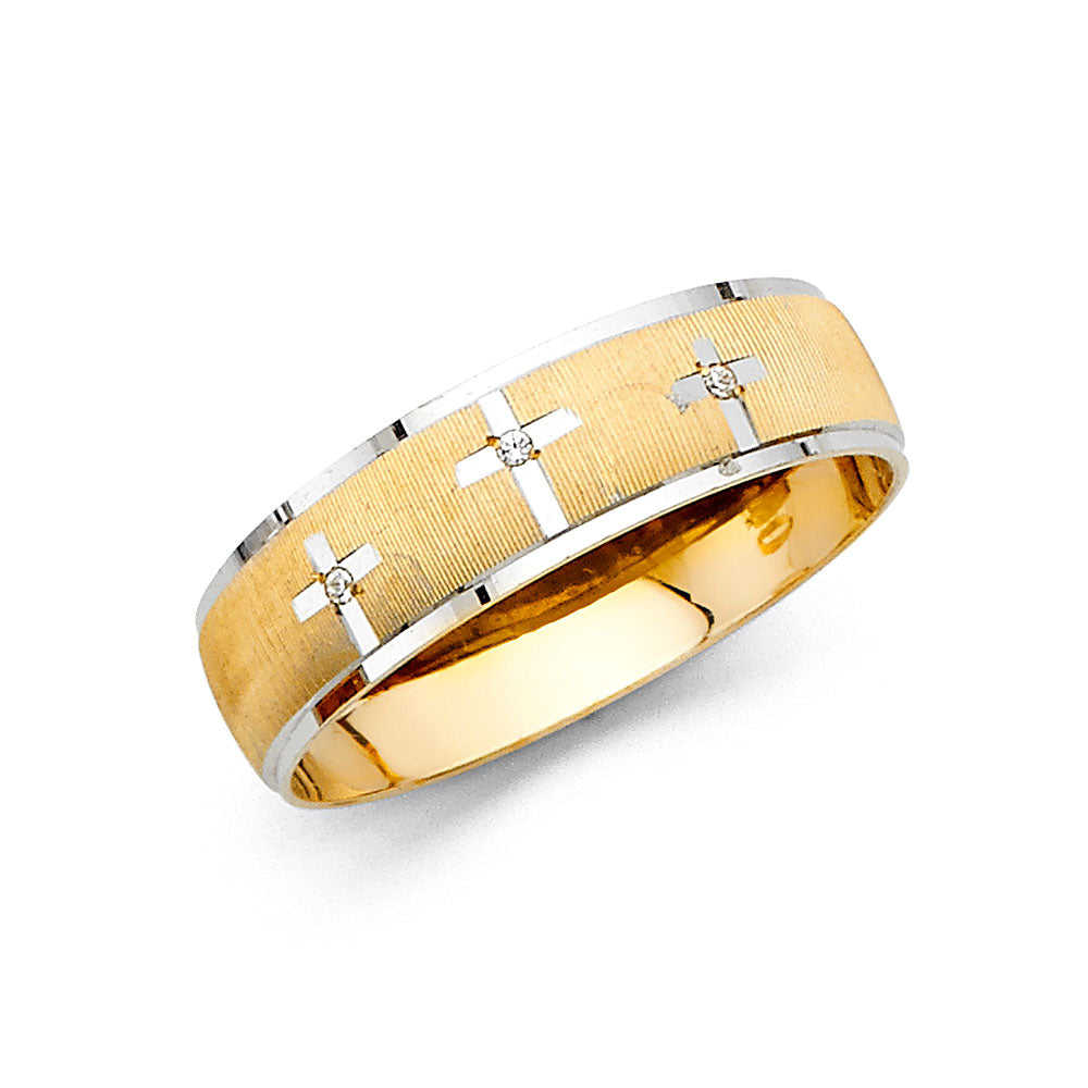 14K Two-Tone Gold CZ Men's Cross Wedding Band - 6mm Christian Ring