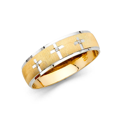 14K Two-Tone Gold CZ Men's Cross Wedding Band - 6mm Christian Ring