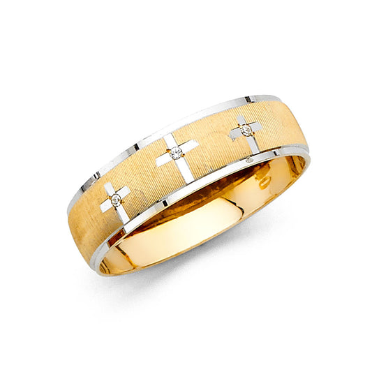 14K Two-Tone Gold CZ Men's Cross Wedding Band - 6mm Christian Ring