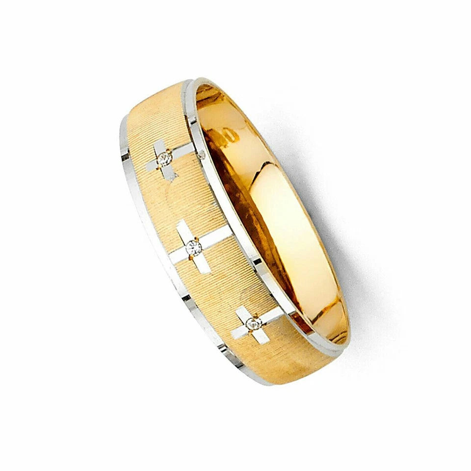 14K Two-Tone Gold CZ Men's Cross Wedding Band - 6mm Christian Ring