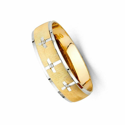 14K Two-Tone Gold CZ Men's Cross Wedding Band - 6mm Christian Ring