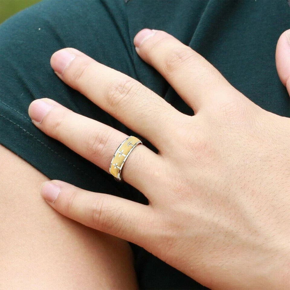 14K Two-Tone Gold CZ Men's Cross Wedding Band - 6mm Christian Ring