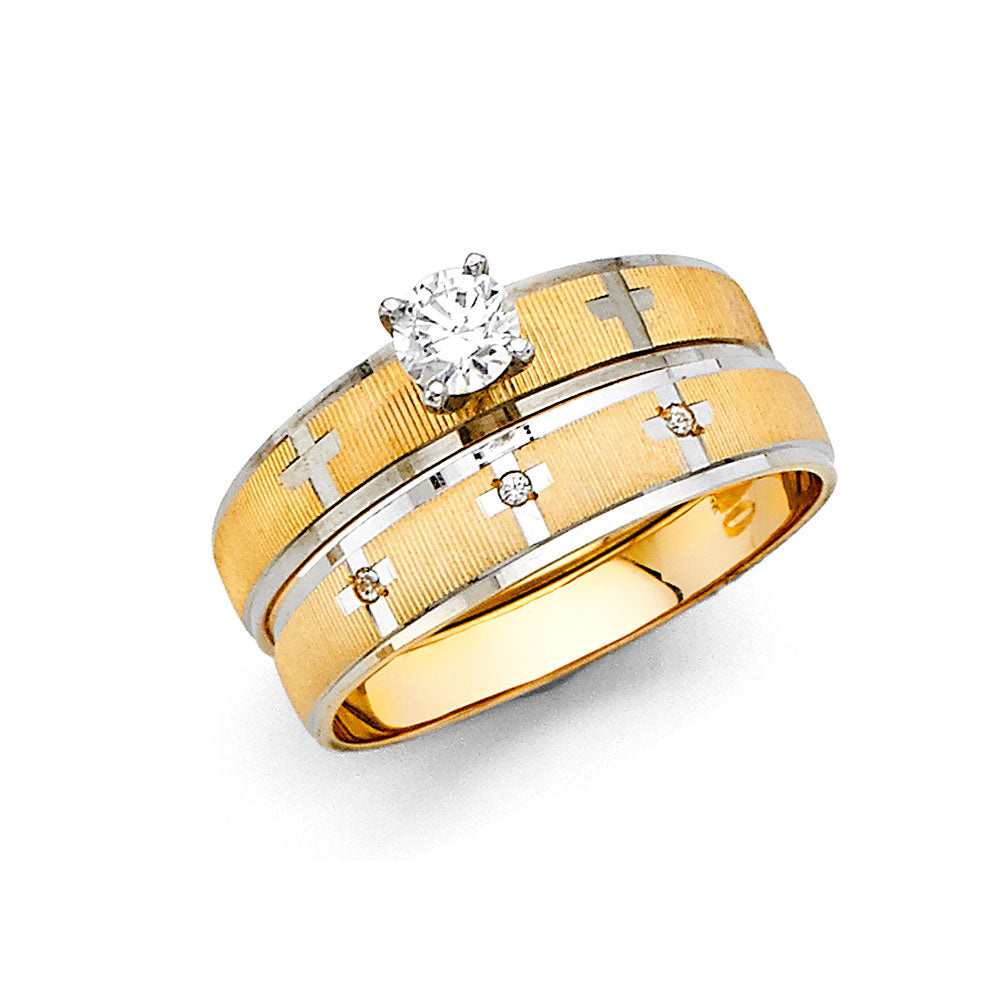 14K Two-Tone Gold CZ Women's Cross Pattern Engagement Ring - 4mm Christian Ring