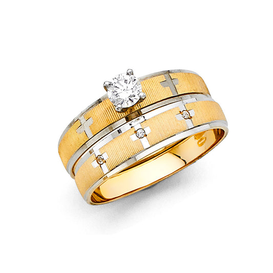 14K Two-Tone Gold CZ Women's Cross Pattern Engagement Ring - 4mm Christian Ring