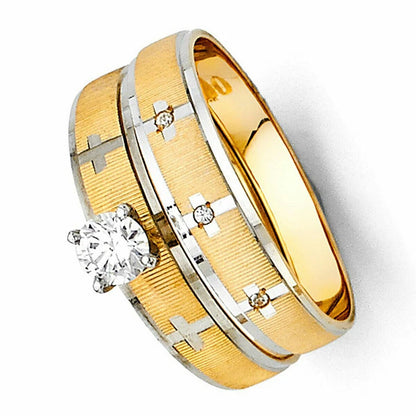 14K Two-Tone Gold CZ Women's Cross Pattern Engagement Ring - 4mm Christian Ring