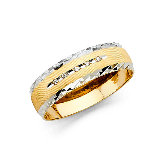 14K Two-Tone Yellow & White Gold Men's CZ Diamond-Cut Wedding Band Ring - 6mm