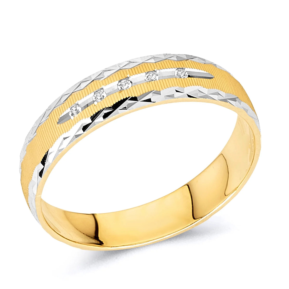 14K Two-Tone Yellow & White Gold Men's CZ Diamond-Cut Wedding Band Ring - 6mm