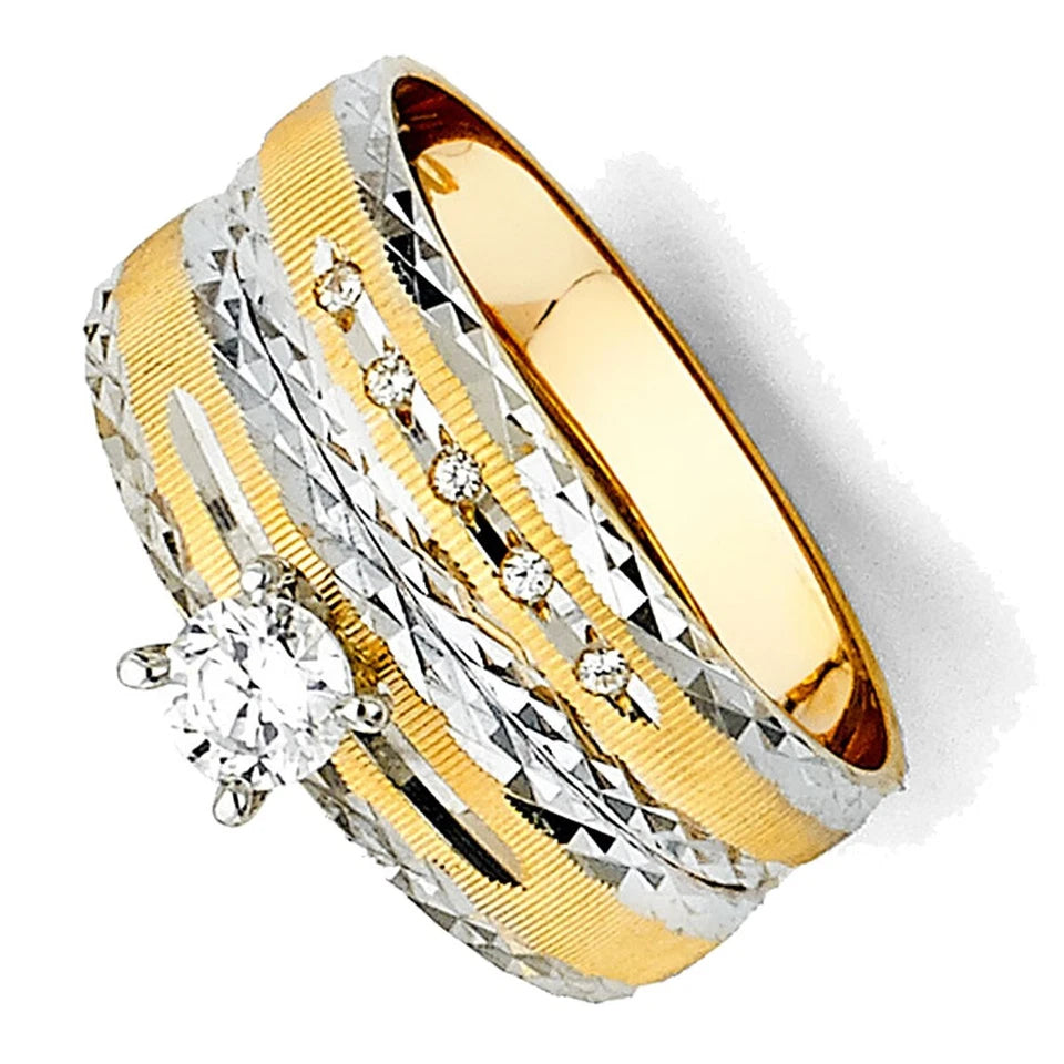 14K Two-Tone Gold Cubic Zirconia Engagement Ring and Ladies Wedding Band