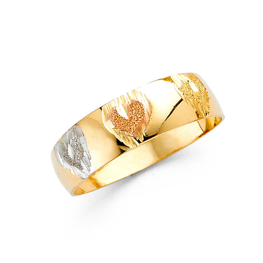 14K Tri-Color Yellow White Rose Gold 6mm Light Tapered Unisex Heart Wedding Band Ring