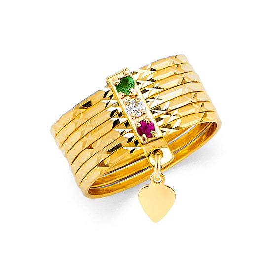 14K Yellow Gold 8mm Cubic Zirconia 7-Days Diamond-Cut Band Ring with Heart Charm