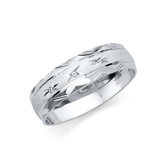 14K White Gold Men’s Wedding Band Ring – 6mm Diamond Cut with Cubic Zirconia
